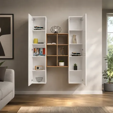 Parete Attrezzata Sospesa Soggiorno Bianco Lucido Rovere con Libreria