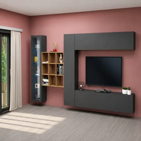 Parete Attrezzata Soggiorno Moderna con Mobile TV Vetrina Antracite