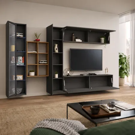 Parete Attrezzata Soggiorno Moderna con Mobile TV Vetrina Antracite