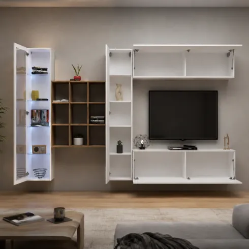 Parete Attrezzata Soggiorno Moderna con Mobile TV Vetrina Bianco