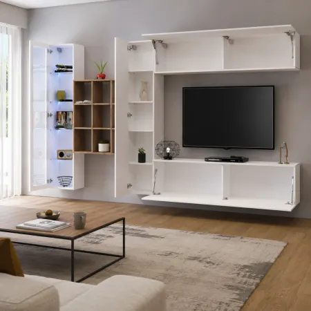 Parete Attrezzata Soggiorno Moderna con Mobile TV Vetrina Bianco