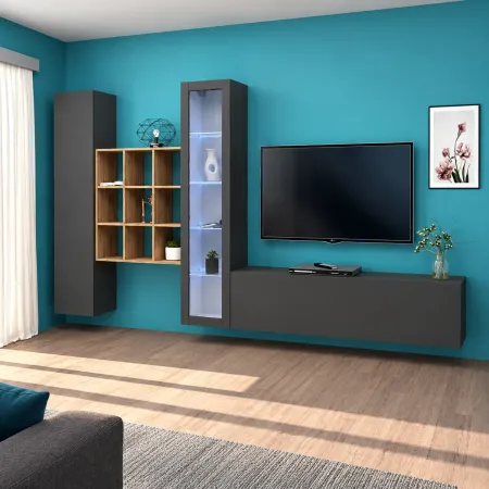 Mobile da Soggiorno Parete Attrezzata 350 cm Antracite Opaco Rovere