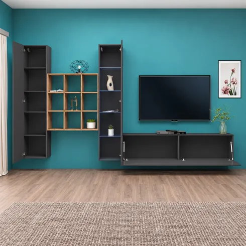 Mobile da Soggiorno Parete Attrezzata 350 cm Antracite Opaco Rovere
