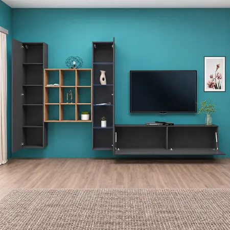 Mobile da Soggiorno Parete Attrezzata 350 cm Antracite Opaco Rovere