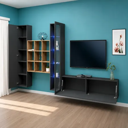 Mobile da Soggiorno Parete Attrezzata 350 cm Antracite Opaco Rovere