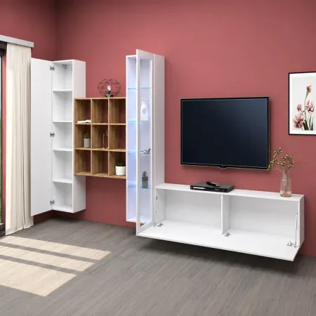 Mobile da Soggiorno Parete Attrezzata 350 cm Bianco Lucido Rovere