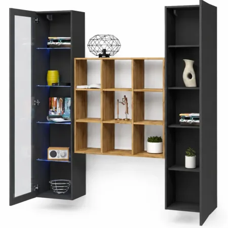 Mobile Soggiorno Colonna Libreria Vetrina Melaminico Antracite Rovere