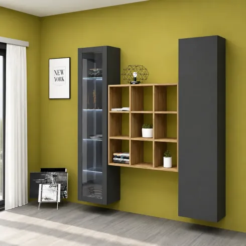 Mobile Soggiorno Colonna Libreria Vetrina Melaminico Antracite Rovere