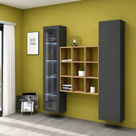 Mobile Soggiorno Colonna Libreria Vetrina Melaminico Antracite Rovere