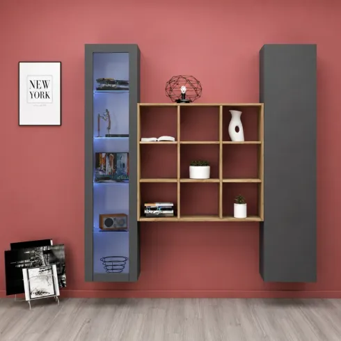 Mobile Soggiorno Colonna Libreria Vetrina Melaminico Antracite Rovere