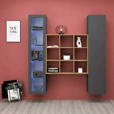 Mobile Soggiorno Colonna Libreria Vetrina Melaminico Antracite Rovere