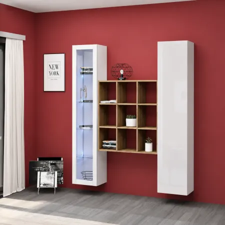 Mobile Soggiorno Colonna Libreria Vetrina Melaminico Bianco Rovere