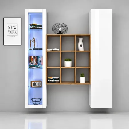 Mobile Soggiorno Colonna Libreria Vetrina Melaminico Bianco Rovere
