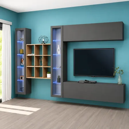 Parete Attrezzata Soggiorno 350 cm Vetrine Libreria Porta TV Antracite