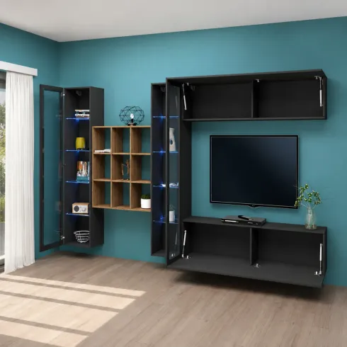 Parete Attrezzata Soggiorno 350 cm Vetrine Libreria Porta TV Antracite