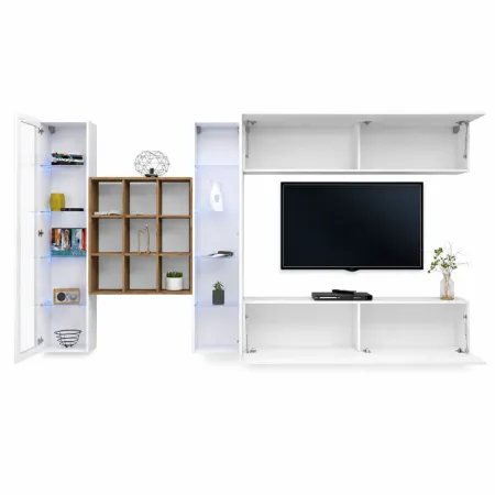 Parete Attrezzata Soggiorno 350 cm Vetrine Libreria Porta TV Bianco