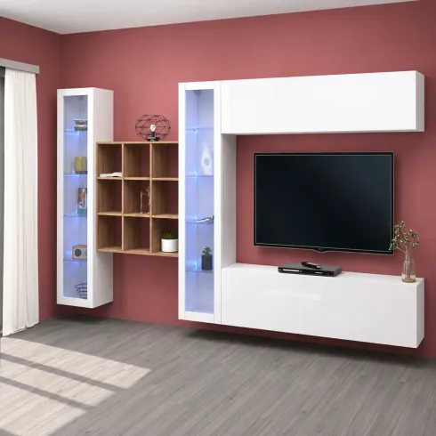 Parete Attrezzata Soggiorno 350 cm Vetrine Libreria Porta TV Bianco