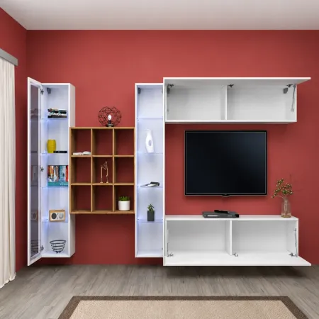Parete Attrezzata Soggiorno 350 cm Vetrine Libreria Porta TV Bianco