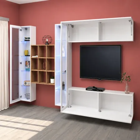 Parete Attrezzata Soggiorno 350 cm Vetrine Libreria Porta TV Bianco