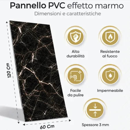 Set 6 Pannelli Effetto Marmo Nero in PVC UV Impermeabile da Parete