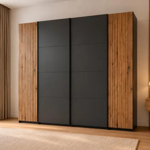 Armadio 4 Ante Camera da Letto Antracite Rovere con 10 Ripiani