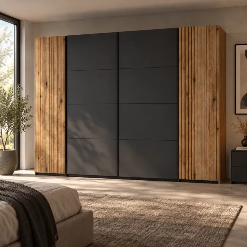 Armadio 4 Ante Camera da Letto Antracite Rovere con 10 Ripiani
