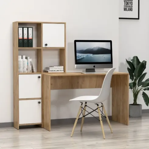 Scrivania con Libreria 6 Vani Rovere Frontali Bianco Studio Camera