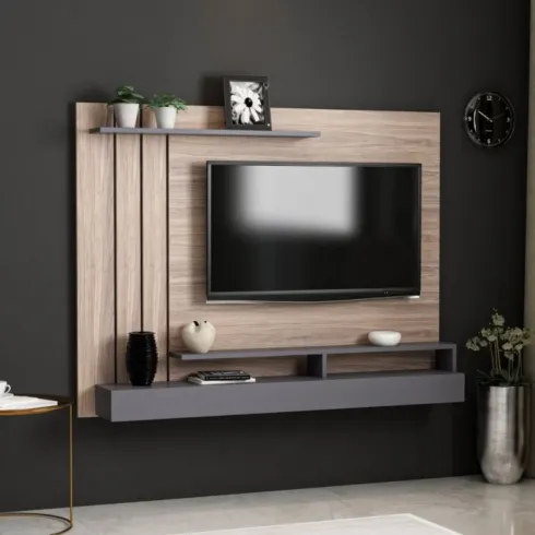 Parete Porta TV 157x21x120 cm Noce Antracite con 2 Mensole Passacavi