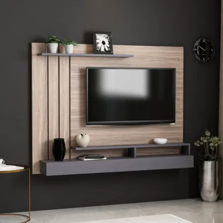 Parete Porta TV 157x21x120 cm Noce Antracite con 2 Mensole Passacavi