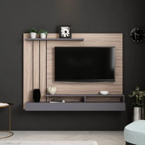 Parete Porta TV 157x21x120 cm Noce Antracite con 2 Mensole Passacavi