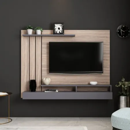 Parete Porta TV 157x21x120 cm Noce Antracite con 2 Mensole Passacavi