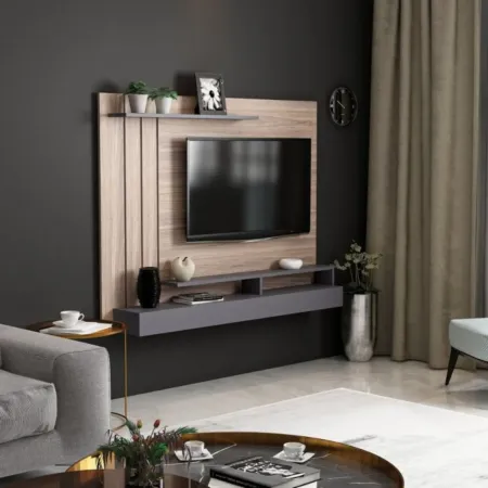 Parete Porta TV 157x21x120 cm Noce Antracite con 2 Mensole Passacavi