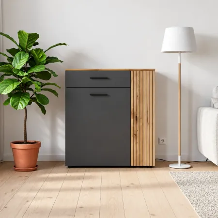 Mobile 2 Ante 1 Cassetto Credenza Multiuso Antracite Rovere Soggiorno