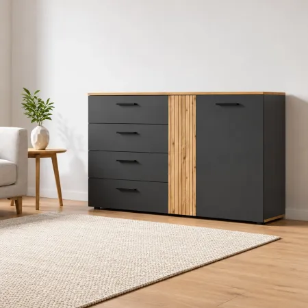 Madia da Soggiorno Reversibile 4 Cassetti Credenza Antracite Rovere