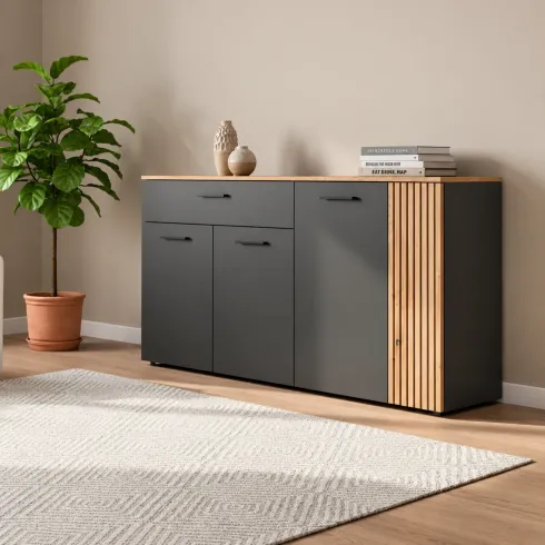 Credenza 4 Ante Cassetto 3 Ripiani Madia da Soggiorno Antracite Rovere