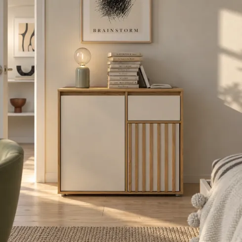 Mobile Multiuso 2 Ante Cassetto Credenza Rovere Beige Ingresso Camera