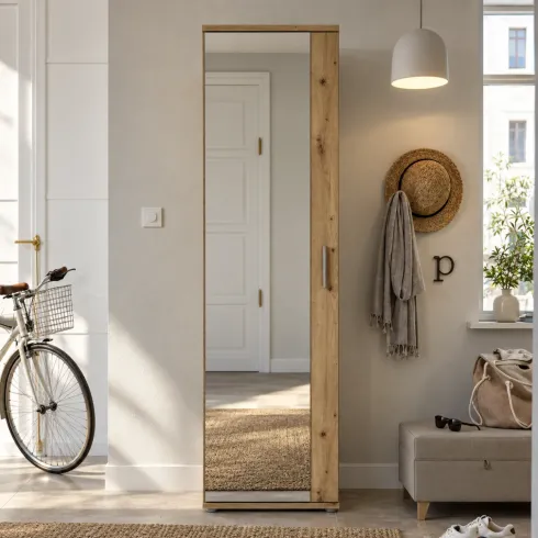 Mobile Scarpiera con Specchio Rovere Armadio Salvaspazio 6 Ripiani