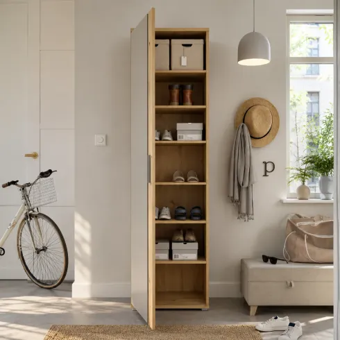 Mobile Scarpiera con Specchio Rovere Armadio Salvaspazio 6 Ripiani