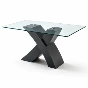 Tavolo da Pranzo 150x90 cm Piano in Vetro Gambe Incrociate Nero
