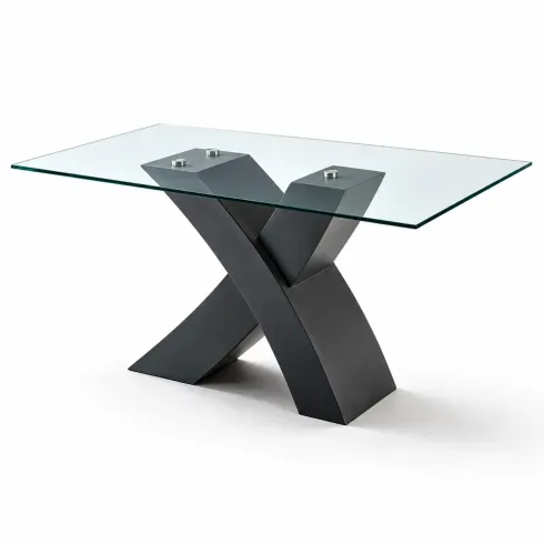 Tavolo da Pranzo 150x90 cm Piano in Vetro Gambe Incrociate Nero