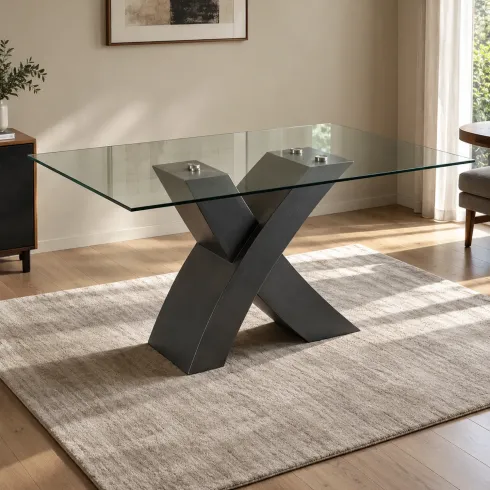 Tavolo da Pranzo 150x90 cm Piano in Vetro Gambe Incrociate Nero