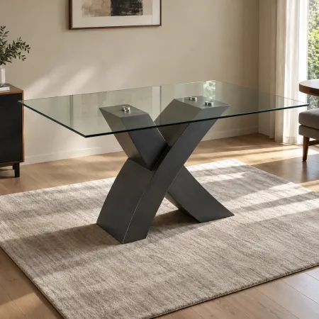 Tavolo da Pranzo 150x90 cm Piano in Vetro Gambe Incrociate Nero