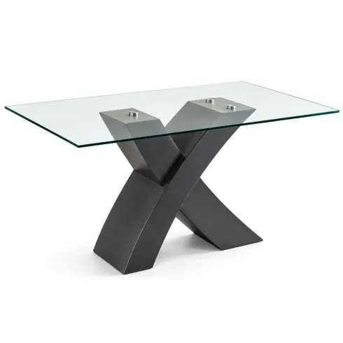Tavolo da Pranzo 150x90 cm Piano in Vetro Gambe Incrociate Nero
