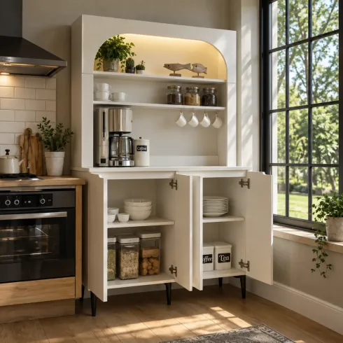 Mobile Cucina Caffè Multiuso 4 Ante 2 Mensole Ripiani Ganci Bianco