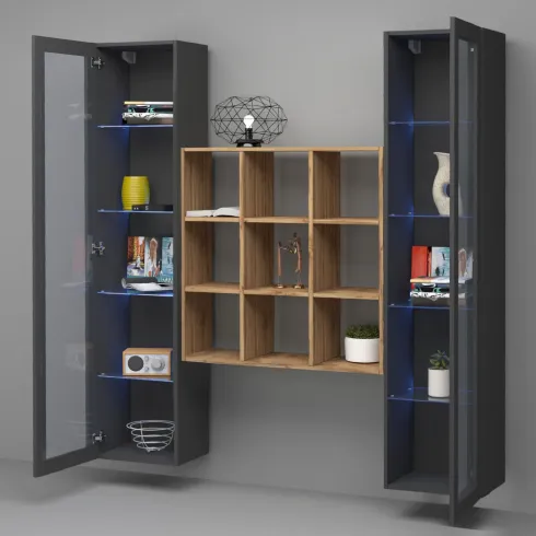 Parete Attrezzata Soggiorno TV 170 cm Antracite con Vetrine Libreria