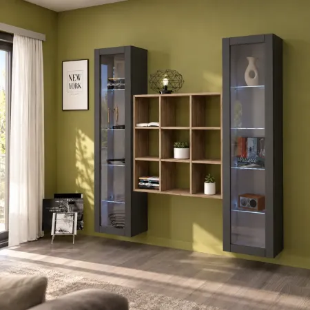 Parete Attrezzata Soggiorno TV 170 cm Antracite con Vetrine Libreria