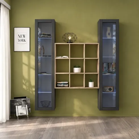 Parete Attrezzata Soggiorno TV 170 cm Antracite con Vetrine Libreria