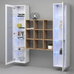 Parete Attrezzata Soggiorno 170 cm Bianco Lucido con Vetrine Libreria 2