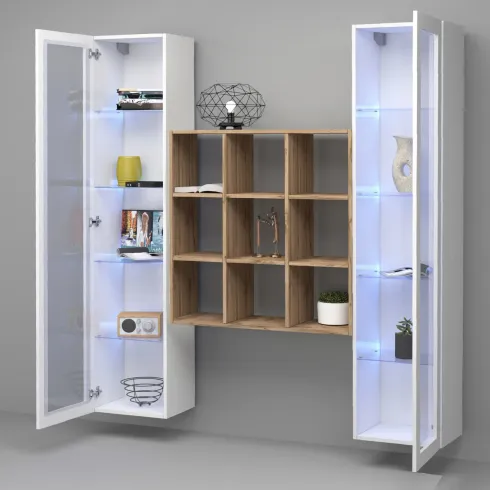 Parete Attrezzata Soggiorno 170 cm Bianco Lucido con Vetrine Libreria