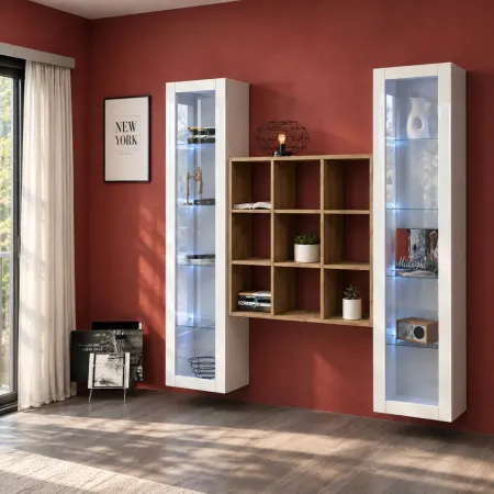 Parete Attrezzata Soggiorno 170 cm Bianco Lucido con Vetrine Libreria